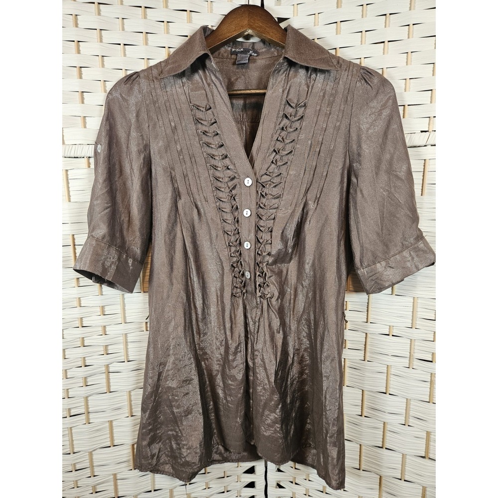 Poetry Clothing Womens Small Satin Ruffled Short Sleeve Blouse Formal Date Night
